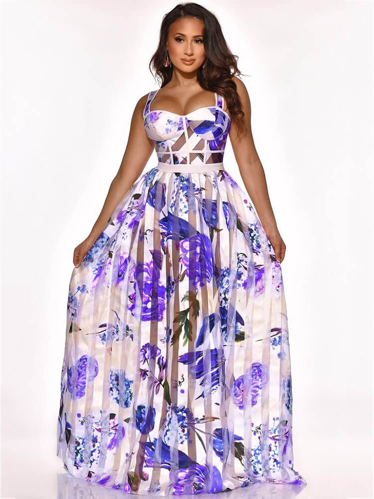 Elegant Sheer Mesh Patchwork Floral Print Beach Dress