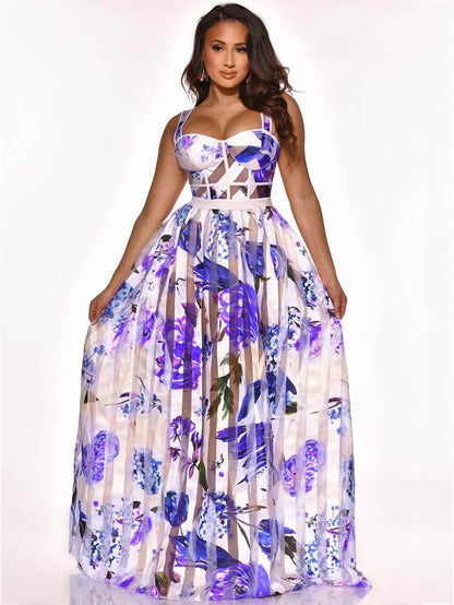 Elegant Sheer Mesh Patchwork Floral Print Beach Dress