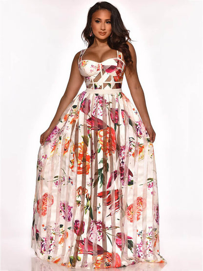 Elegant Sheer Mesh Patchwork Floral Print Beach Dress