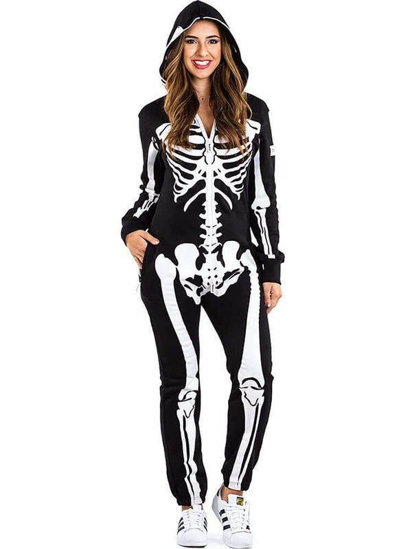 Halloween Skeleton Print Zip Up Jumpsuit