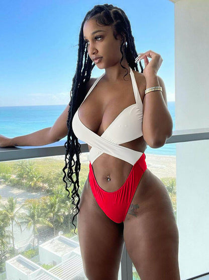 Trajes de baño de bikini con tiras cruzadas y halter de una pieza 