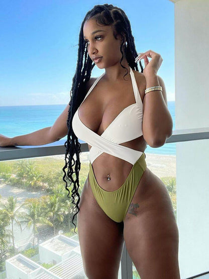 Trajes de baño de bikini con tiras cruzadas y halter de una pieza 