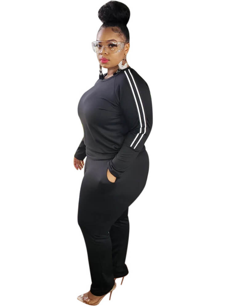 Conjuntos de pantalones y tops de manga larga a rayas de dos piezas de talla grande