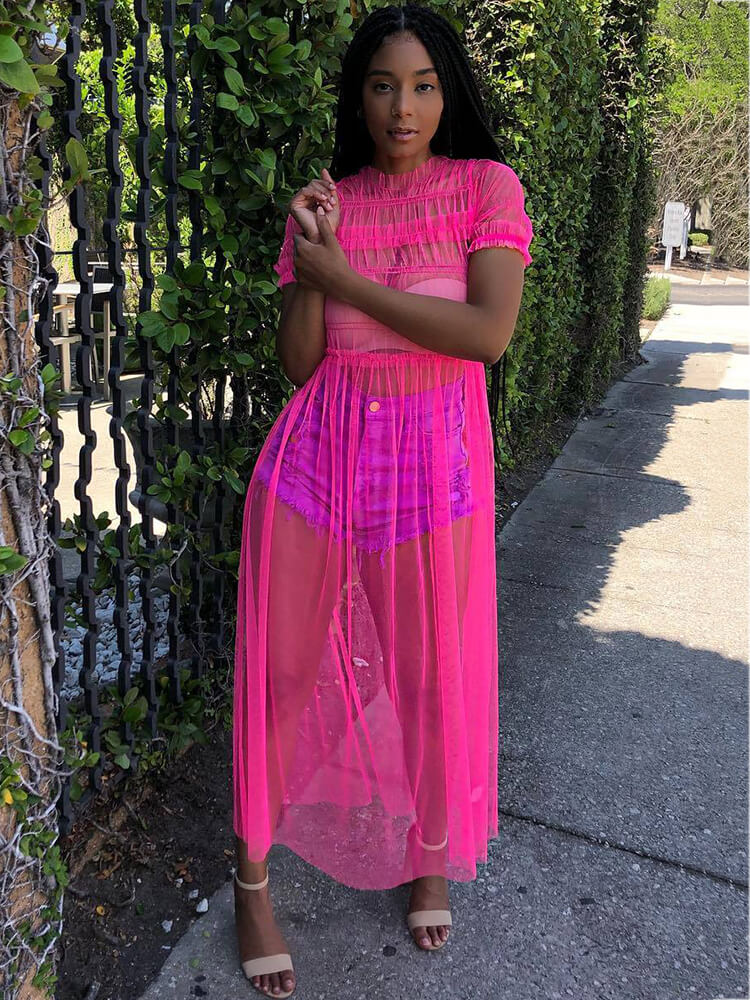 Vestidos largos fruncidos de malla de color liso para cubrir