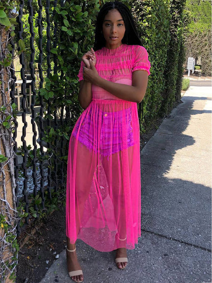 Vestidos largos fruncidos de malla de color liso para cubrir