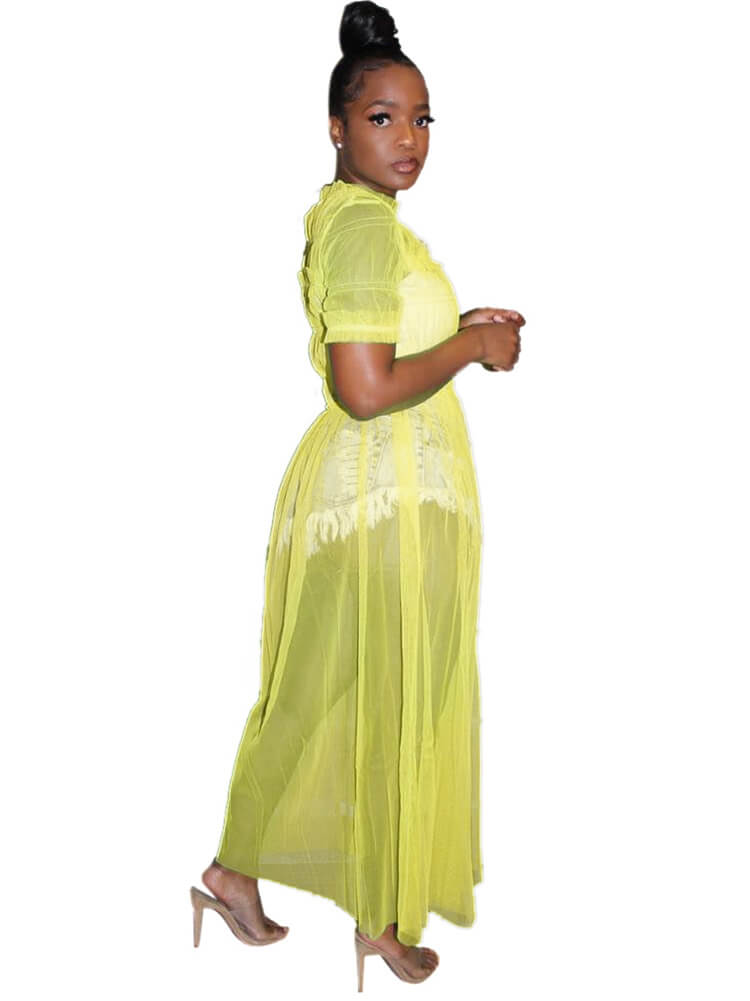 Vestidos largos fruncidos de malla de color liso para cubrir