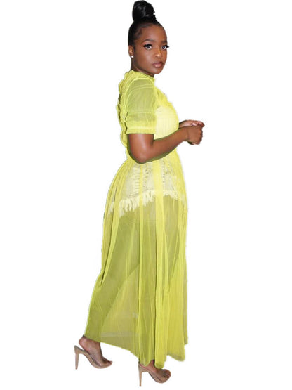 Vestidos largos fruncidos de malla de color liso para cubrir