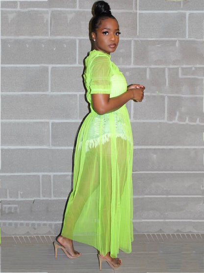 Vestidos largos fruncidos de malla de color liso para cubrir