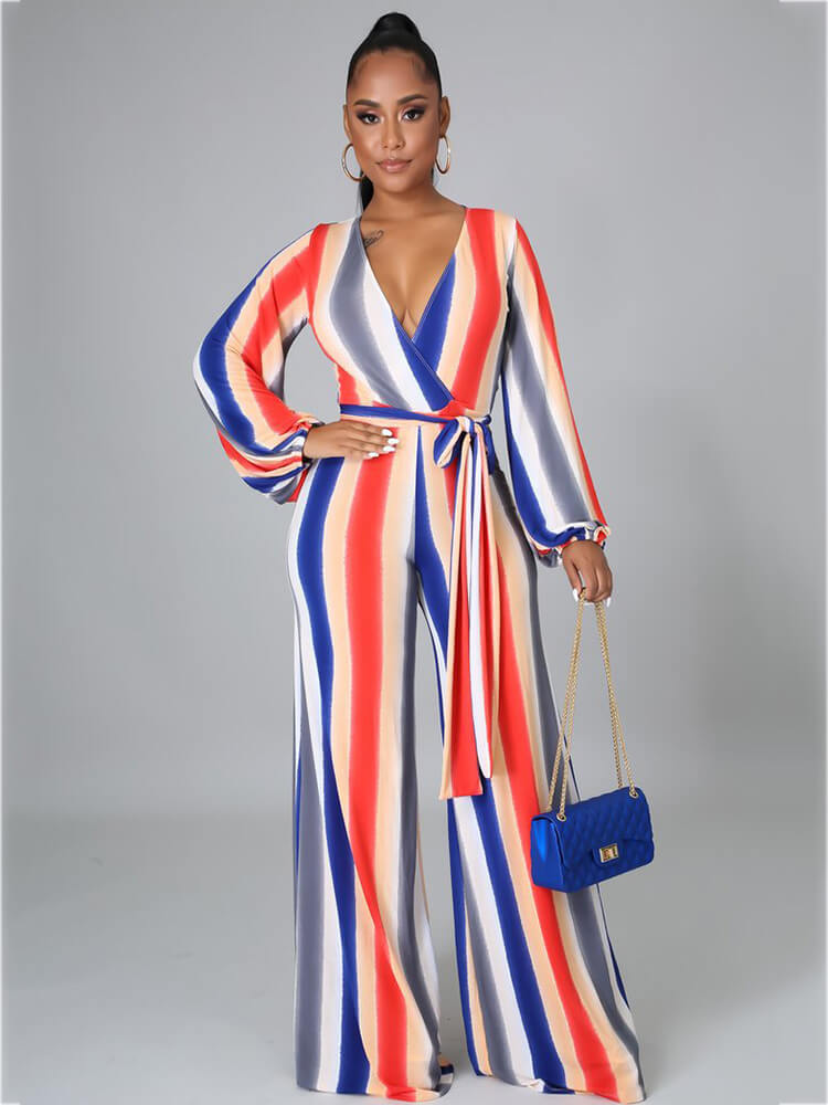 Long Sleeve Multicolor Stripe Wide Leg Jumpsuit with Belt
