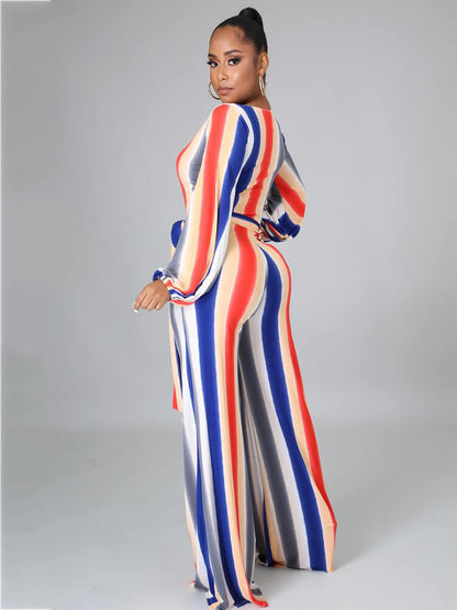 Long Sleeve Multicolor Stripe Wide Leg Jumpsuit with Belt
