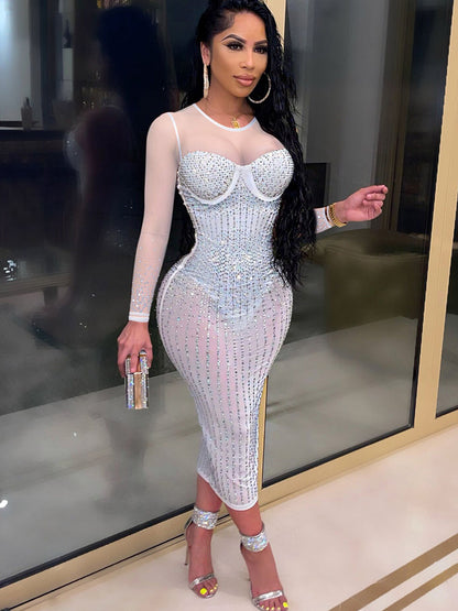 Plus Size Hot Drilling Mesh Long Sleeve Midi Dress