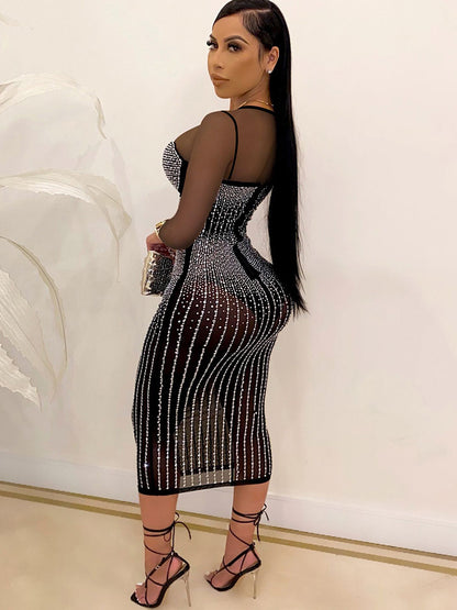 Plus Size Hot Drilling Mesh Long Sleeve Midi Dress