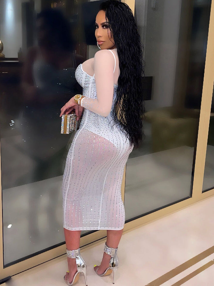 Plus Size Hot Drilling Mesh Long Sleeve Midi Dress