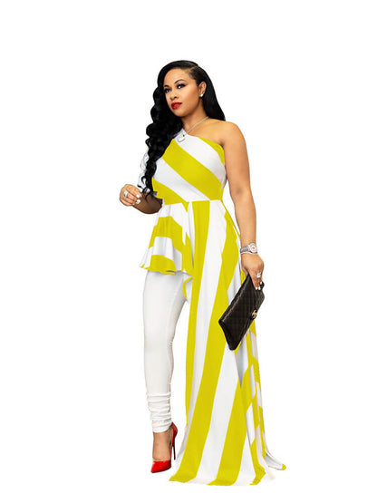 Vestidos de blusa irregulares altos y bajos con un hombro a rayas