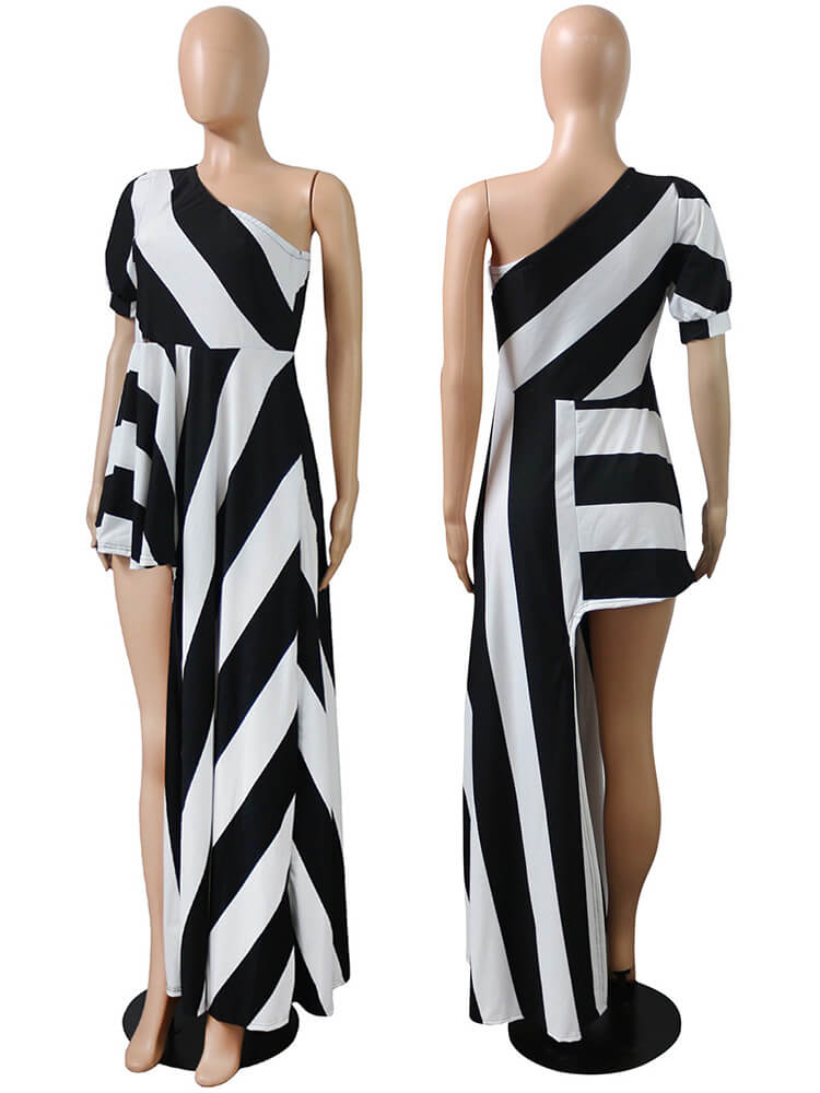 Vestidos de blusa irregulares altos y bajos con un hombro a rayas