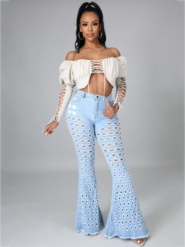 Hole Ripped Distressed Bodycon Flare Bottom Denim Jeans