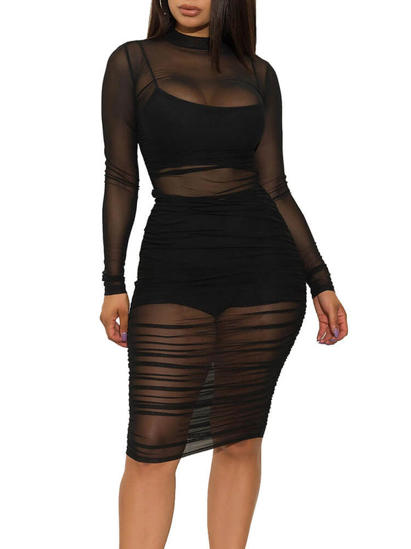 Three Piece Mesh Long Sleeve Solid Outfits