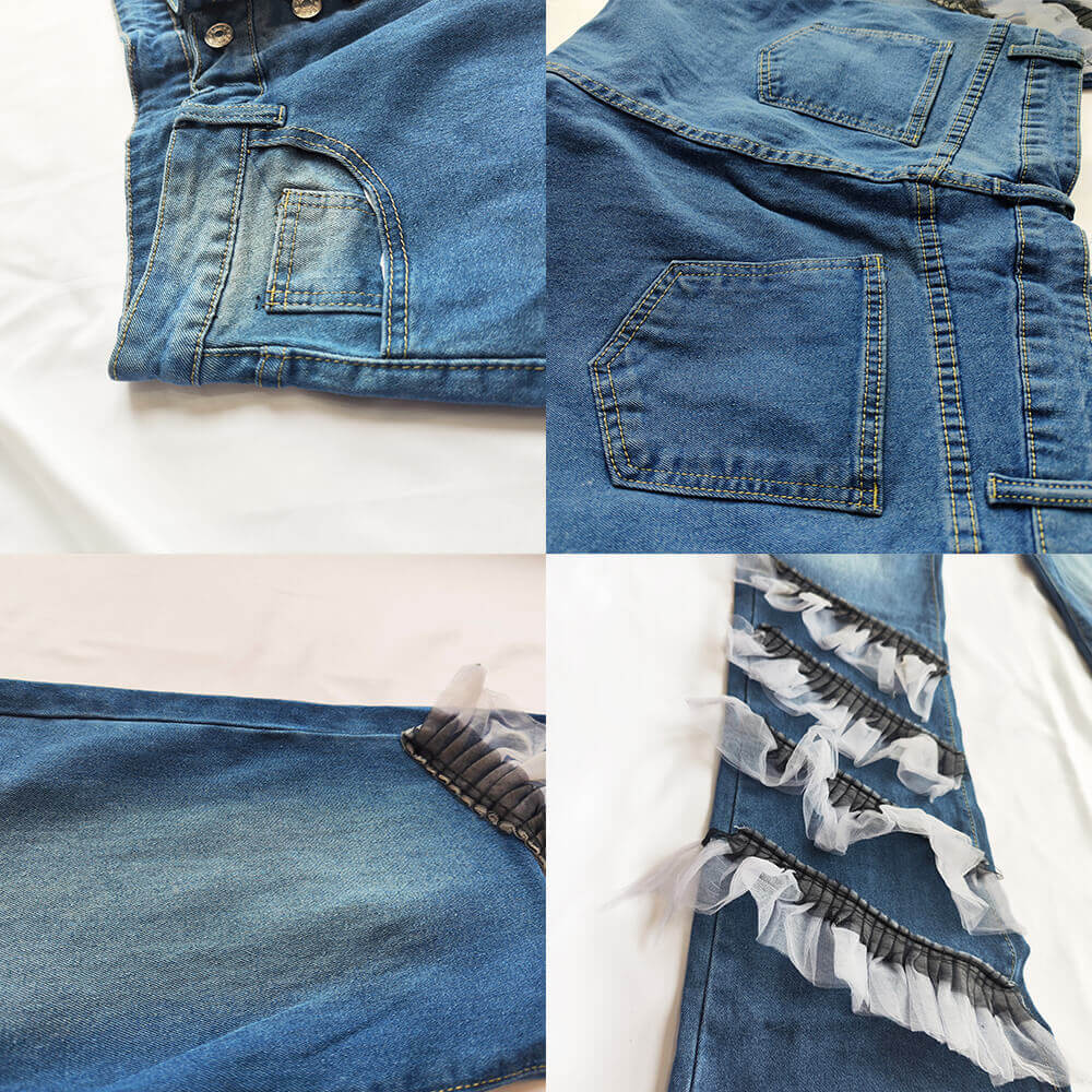 Pantalones acampanados con botones de patchwork de malla vaquera