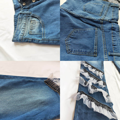 Denim Mesh Patchwork Button Flare Pants
