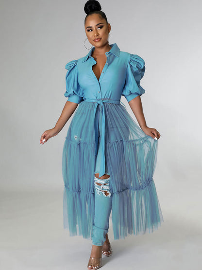 Tops con cuello en V y manga corta con patchwork de malla