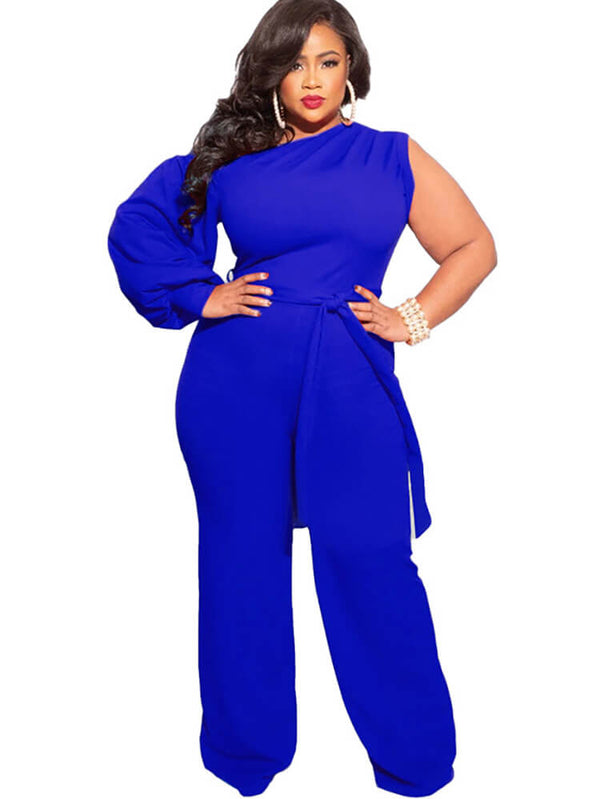 Plus Size Puff Sleeve Belted Wide Leg Pant Jumpsuits