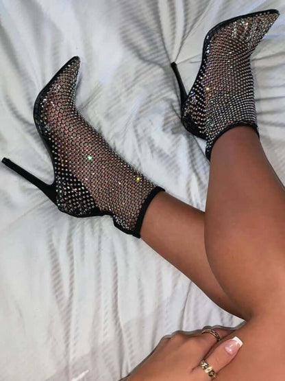 Fishnet Hollow Out Rhinestone Heel Boots
